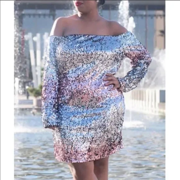 Ombré Sequin Off Shoulder Mini Dress - Picture 5 of 6